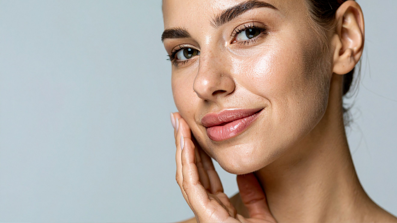 A close-up of luminous, dewy skin with a hand resting softly at the cheek.