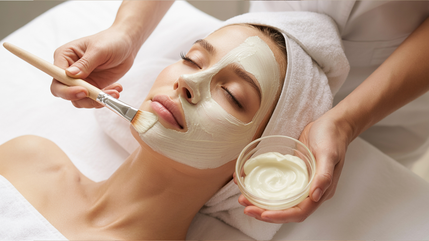 A facial in progress, a cream treatment mask brushed across the skin.